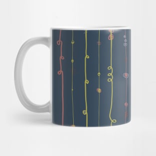 Curly doodle stripes pink and lime on a dark blue background Mug